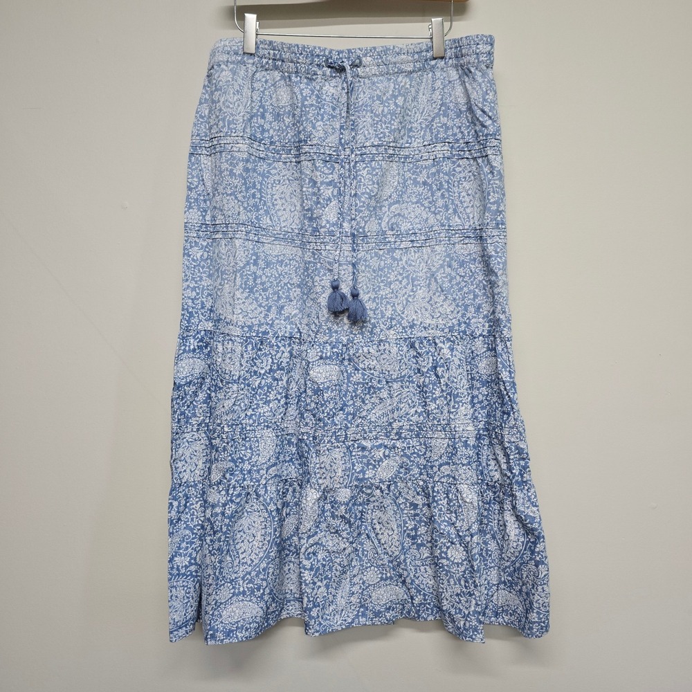 J. Jill Denim Paisley Tiered Maxi Skirt Womens L Blue Cotton Tencel Boho Flowy